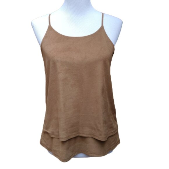 Stella Luce Brown Cami Blouse Layered Faux Suede Look Racerback Solid - Picture 1 of 12